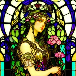 A big Art Nouveau stained-glass window in an Art Nouveau villa by artist "Alphonse Mucha"