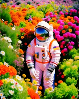 Portra 400 high dpi film scan of a NASA astronaut wearing a space suit on a planet made of flowers