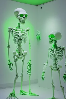 An exhibition of aliens with a white wall and green skeletons for aliens