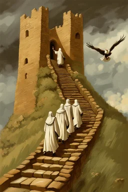 nuns in white climbing up broken stairs leading up a steep hill to an old crumbling tower. Storm clouds. Eagles flying around the tower. By artist "Bluefooted",by artist "Peter Hurd"