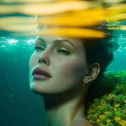 eva herzigova underwater with yellow flowers for hair, closed eyes, rtx, reflection, 8k, glow, winning photography, caustics