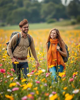 young sweet couple bagpacker adventurer fashion style happy walking and smiling in Realistic photography of a field of wildflowers, soft natural lighting, vibrant colors, intricate details,peaceful and serene atmosphere.