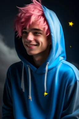 An androgynous young man with tousled pink hair and golden eyes floating among the stars wearing a light blue hoodie and black board shorts. He is smiling softly and holding a star in one hand.