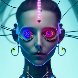 singer Danish MØ face, lumen lighting, led lights, <hanging wires> many wires connected to the head<perfect pupil> <cyborg> <garage> <sci-fi futuristic>