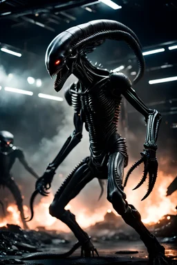 super Realistic photo of a Xenomorph, standing wide in battle mode