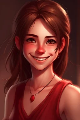 gamer, woman, brown hair, short fluffy ponytail, smile, brown eyes, red dress