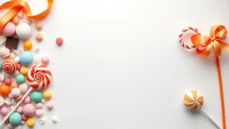 A beautiful image with a white, orange, and pale blue background theme, filled with chocolate, lollipops, and various colored pastels and candies on the left side of the image.