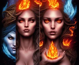 Four doll divine representing each, one of each of the elements of the four elements: Fire: Earth: Air: Water. Four female figures. Mark Brooks and Dan Mumford, comic book art, perfect, smooth elemental galactic space core. Detailed photograph, WLOP, Unreal Engine 5 volumetric lighting. Insanely intricate face, soft hair, hyper detailed painting by Ismail Inceoglu Huang Guangjian and Dan Witz Central fantasy art album cover art resolution HD