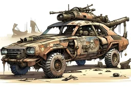 armored muscle car with bandit warpanint and symbols, post-apocalyptic, concept art, comic drawing style