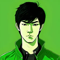 Illustration of a 25 year old Japanese man with with black hair, front view, green background