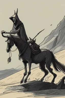 A black hooded specter sits on an emaciated donkey while dangling a carrot on a stick in front of it's face so it doesn't notice it's about to walk off a cliff