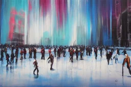 city, ice, sunny day, people, gary numan influence, realistic painting