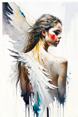 A detailed illustration of a beautiful young female human with growing out of her back. Her skin, hair and face are all made of paint. Her wings are spread. Front view. Highly detailed flawless facial features and eyes. Abstract Oil painting splash art. White background, wide angle, abstract design, beautiful, thick flowing paint strokes, dripping paint, fantasy art, modern art, ((soft happy complimentary colors,)) modern aesthetic, focused on the character, 4K resolution.