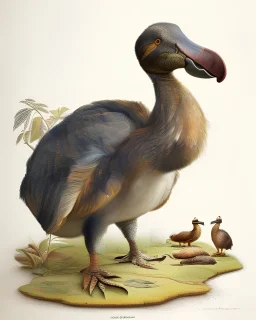 John James Audubon-like illustration of a fully uncropped Dodo bird and a Platypus in a landscape of warm yellows, warm reds, and warm blues