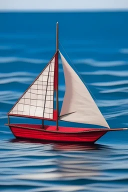 very small sail boat red ship with a white stripe the ship is 50 years old and far away out in the ocean bad quality the ship is so far that it is hard to see it has algee and holes