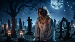 High-resolution, ultra-realistic, 4K cinematic image of a dimly lit villager cemetery at 3am. A blonde very sad woman dressed in white canvas vintage Nightgown. With an expression of pain, closed eyes, crying, surrounded by tombstones and some dark tree and candle, dark blue night with stars.