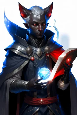 En Young male black skin tiefling fra dnd holding a book with Arcane Magic in a silver and White Rope and a silver cloak. His horn a perfectly place on acet from the front to the back pointing upwards with glowing Red cat Eyes glowing Blue Arcane Magic around them ice crystals flowing around him. His close is elegant get simple. A adorable black cat with red eyes Sitting on his Shoulder