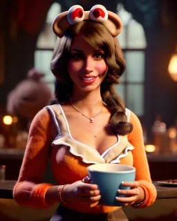 waitress woman with muppet mask that covers her entire head, retro style, Sesame Street style, smooth, unreal engine 5, god lights, ray tracing, RTX, lumen lighting, ultra detail, volumetric lighting, 3d.