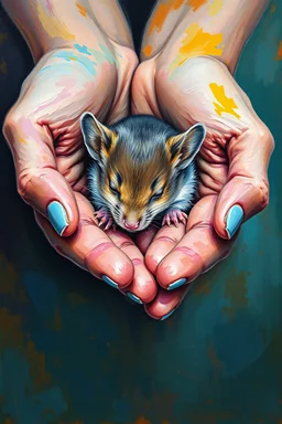 "An oil painting with rich textures and expressive brushstrokes depicts one mouse peacefully sleeping in to hands palms The mouse’s fur harmonizes with the scene, that blend with the warmth of the hands ,The hands are painted in a vibrant artistic style, contrasting with natural hands skin