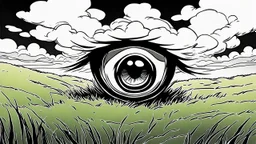 floating eye, anime, monochrome, black background, ink, simple, maximum quality, broken hinge, barely functioning, centered on frame, far view, in the middle of a grassy hill, white sky with cumulonimbus