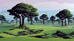 Beautiful landscape with trees, earth opens up and breaks down in black polygons.