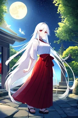 girl, masterpiece, best quality, cinematic lighting, detailed outfit, vibrant colors, perfect eyes, white hair, very long hair, braided ponytail, red eyes, hakama, shrine, moon, starry sky, plants, stone walkway, lamppost, butterflies,