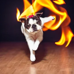 a puppy jumping through a flaming hoop