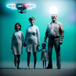 Ultra Realistic classic family portrait, living room. father. mother. daughter. alien pet. Little flying sphere drone. retro futuristic, minimal style, latex dress. smile, happy. highly detailed, concept art, unreal engine 5, ray tracing, RTX, lumen lighting, ultra detail, volumetric lighting, 3d, finely drawn, high definition, high resolution.