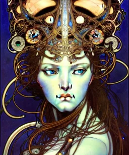 Realistic detailed face portrait of a beautiful futuristic beautiful top model in opudesignlent alien glass armor by alphonse mucha, ayami kojima, amano, greg hildebrandt, and mark brooks, female, feminine, art nouveau, ornate italian renaissance cyberpunk, iridescent venetian blown glass, neo - gothic, gothic, character concept