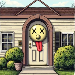 door bell on a suburban house fron t door that has X's for eyes and a tongue hanging out, concept art,