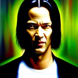 Ultra detailed fullbody Portrait in oil on canvas of Neo(the matrix) ,extremely detailed digital painting, extremely detailed face, crystal clear eyes, mystical colors ,perfectly centered image, perfect composition, rim light, beautiful lighting,masterpiece ,16k, stunning scene, raytracing, anatomically correct, in the style of Simon Bisley and uncannyknack and caravaggio and Seung Eun Kim and Steve Jung Jeehyung Lee.