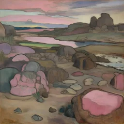 A grayish pink magical wasteland with rune rocks painted by Paul Gauguin