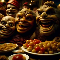 Close-up odd movie shot of ultra realistic dine, party, ultra realistic odd organs smiling, hypermaximalist figures, beasts, 1970's odd movie, sinister, Minicavio Quollati style, photography by Marlost Endgulp, ornate, 4k, photorealism