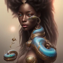 sango fantasy, fantasy magic, intricate, sharp focus, illustration, highly detailed, digital painting, concept art, matte, masterpiece head sexy view black African beauty black afro hair space lady turquoise snake skin Indonesian princess facing forward