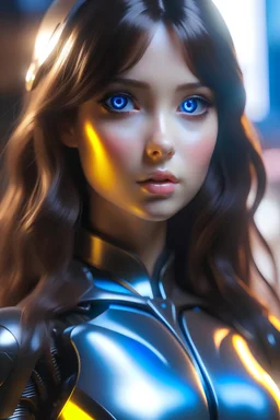 realistic portrait of an anime waifu robot doll, light eye color, very big Alita-like doll eyes, and youthful looking silicone skin