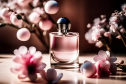 top shot of a perfume bottle on a pink table with flowers, gray spheres in the background, product photography in style of Kodak Portra — style raw — q 2 — s 250 — v 5.2 — ar 9:16