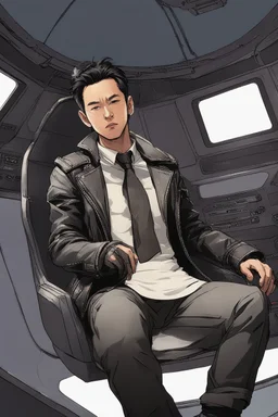 Male Half-Asian actor with cat ears in a leather jacket, on a spaceship deck