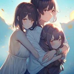 Clear Focus, High resolution, 2 girls hugging, the two girls is a human version of sun and moon, sun if happy and moon is sad, sun in the background