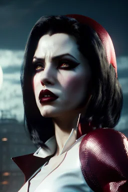 vampire, portrait from waist up, pale skin, latex and leather attire, crimson eyes, intricate eyeliner, vibrant eyeshadow, clear completion, soft lighting, 4k resolution, intricate details, insanely detailed, colorful cityscape background, masterpiece, expert, cinematic smooth, retroanime style, realistic details, no helmet