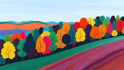 a whimsical multicolour forest line, on the horizon, by David Hockney