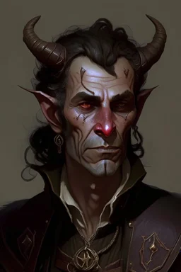 an older tiefling man, he has dark brown hair and looks a little dishelved, he wears a lot of jewelry and worn leather, he looks kind