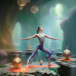 yoga artist, maze background , levitated lab equipment, 4k, Highly Detailed, Masterpiece, perfect eyes, Digital Illustration, Cinematic Lighting, Realistic, Sharp Focus, Centered, Beautifully Lit, Bioluminescent by Stanley Artgerm Lau