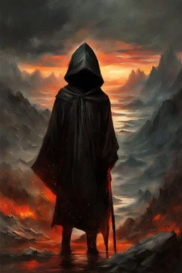 A formidable warrior-a 10-year-old boy in a black robe with a hood, on the background Amazing gloomy landscape, flooded with sunset, mountains, trees, fabulous scary hero, , juicy emotions, painting, dark fantasy, bad weather, gloomy day, dark world, by Raymond Swanland & Alyssa Monks & Anna Razumovskaya