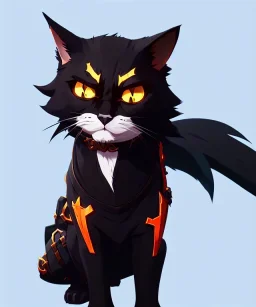 cat 2d, knight, ninja, black fur,full body, orange torn coat,game character, strong, anime, chibi, game sprite