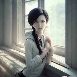 Anime, female student studying under window, studying lesson, perfect face, cool face, ultra detail, unreal engine 5, cinema4d, sun light, studio lighting --ar 1:1 --v 4