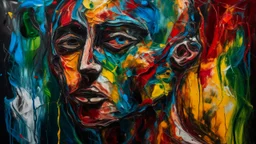 It creates an expressionistic portrait of a human figure, with dense and rough brushstrokes, intense colors and dramatic, almost sculptural contrasts, evoking the chaotic and material energy of Miquel Barceló, with an abstract background that integrates with the figure.