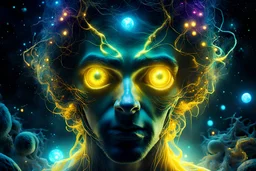 cosmic environment, Penn Badgley, ((yellow glowy eyes)), biomechanical, eerie, creepy, nightmarish, very bright colors, light particles, bioluminescence, Mschiffer, wallpaper art, UHD wallpaper