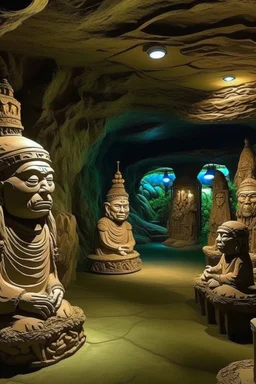 Tan caverns with diamonds designed in Hawaiian tiki statues painted by Édouard Manet