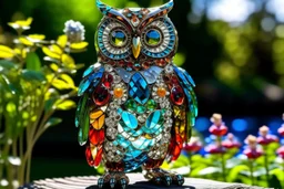 Coloured glass owl set with gemstones, glittering metal and gemstone parts in garden sharp focus elegant extremely detailed intricate very attractive beautiful dynamic lighting fantastic view crisp quality exquisite detail in the sunshine gems and jewels
