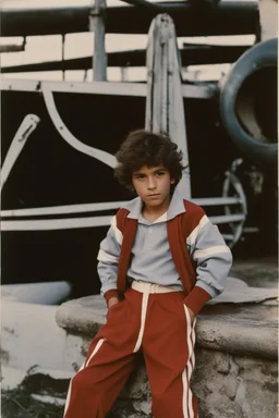 eleven year old mediterranean boy dressed track pants, early 80's color photo